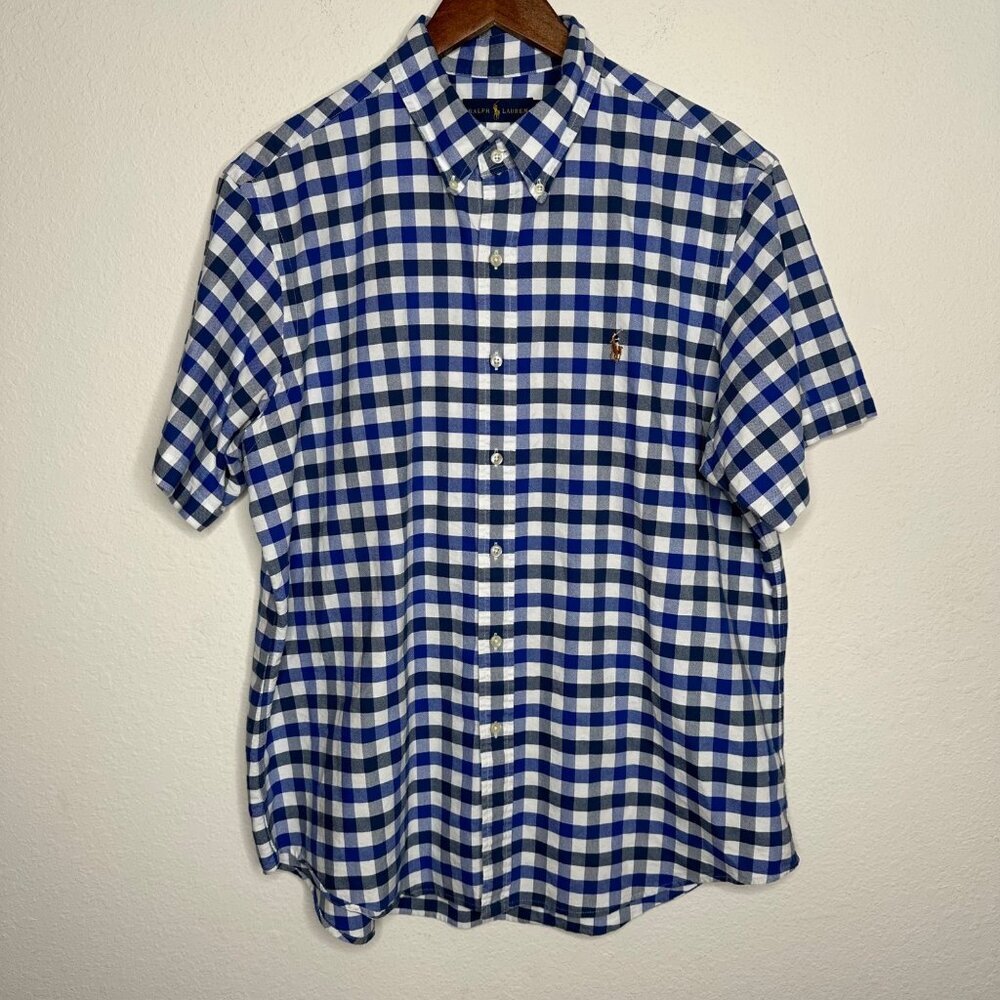 Ralph Lauren short sleeve button down checkered blue and white shirt Sz XL